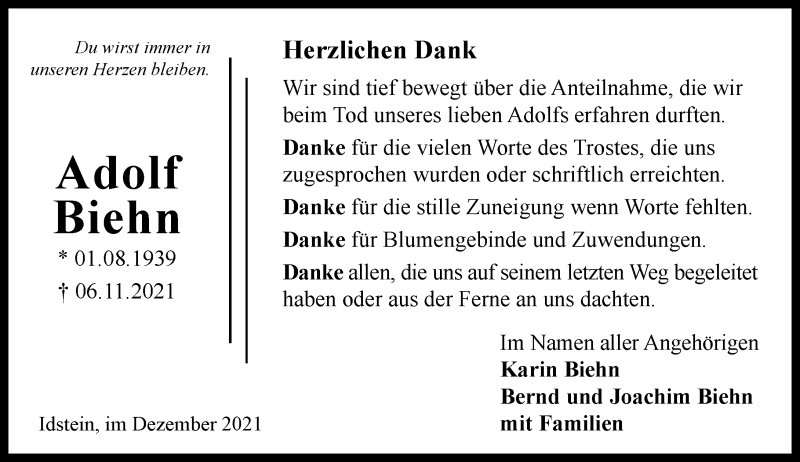  Traueranzeige für Adolf Biehn vom 04.12.2021 aus vrm-trauer