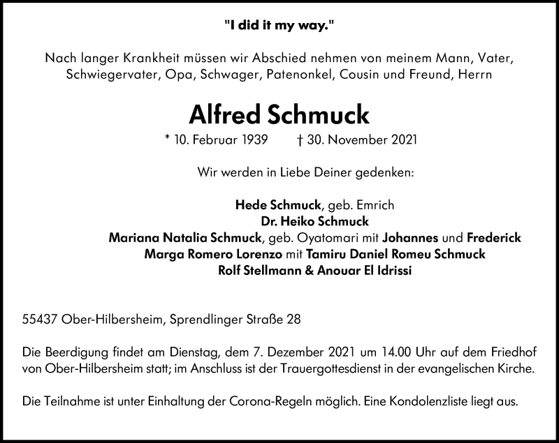  Traueranzeige für Alfred Schmuck vom 04.12.2021 aus vrm-trauer