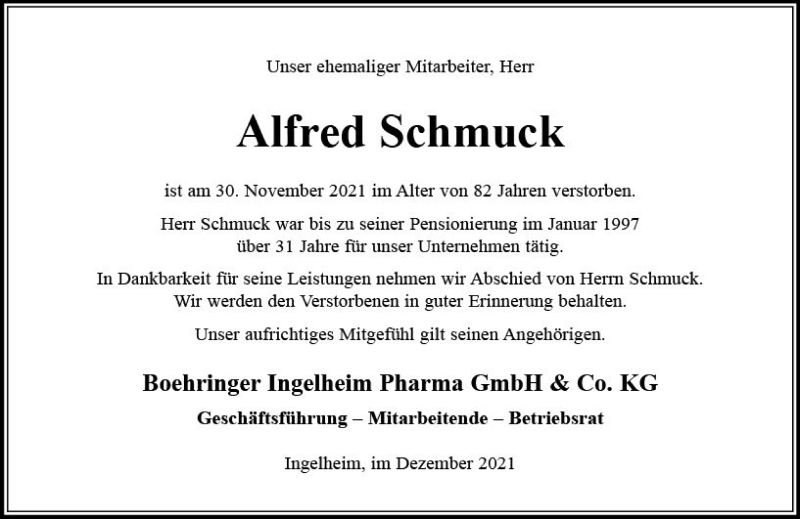  Traueranzeige für Alfred Schmuck vom 15.12.2021 aus vrm-trauer