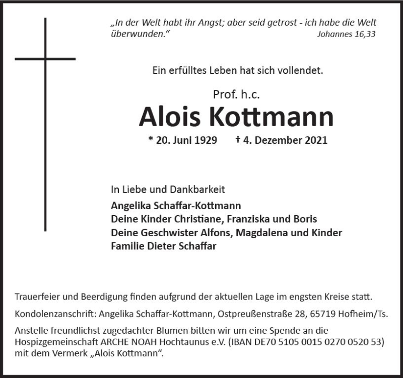  Traueranzeige für Alois Kottmann vom 10.12.2021 aus vrm-trauer