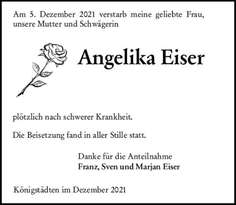  Traueranzeige für Angelika Eiser vom 18.12.2021 aus vrm-trauer