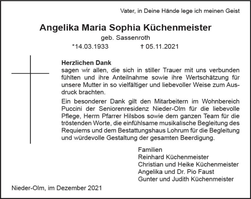  Traueranzeige für Angelika Maria Sophia Küchenmeister vom 08.12.2021 aus vrm-trauer