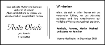 Traueranzeige von Anita Oberle von vrm-trauer