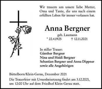 Traueranzeige von Anna Bergner von vrm-trauer