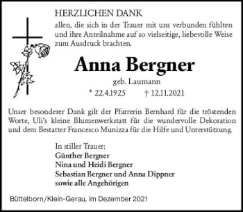Traueranzeige von Anna Bergner von vrm-trauer