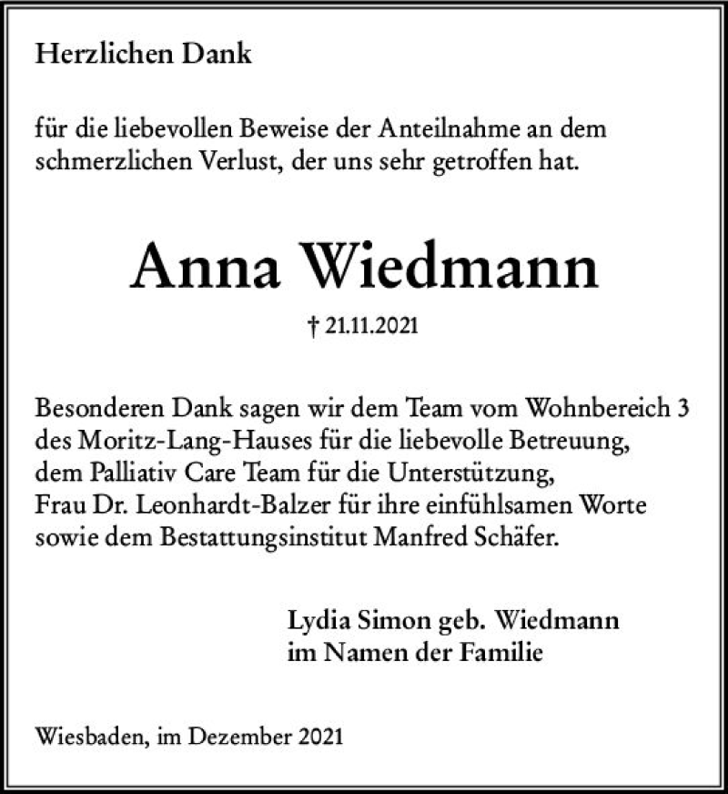  Traueranzeige für Anna Wiedmann vom 11.12.2021 aus vrm-trauer