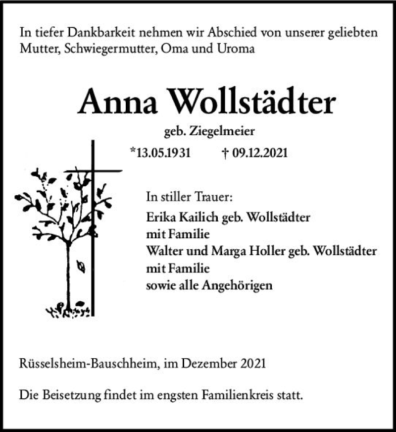  Traueranzeige für Anna Wollstädter vom 15.12.2021 aus vrm-trauer
