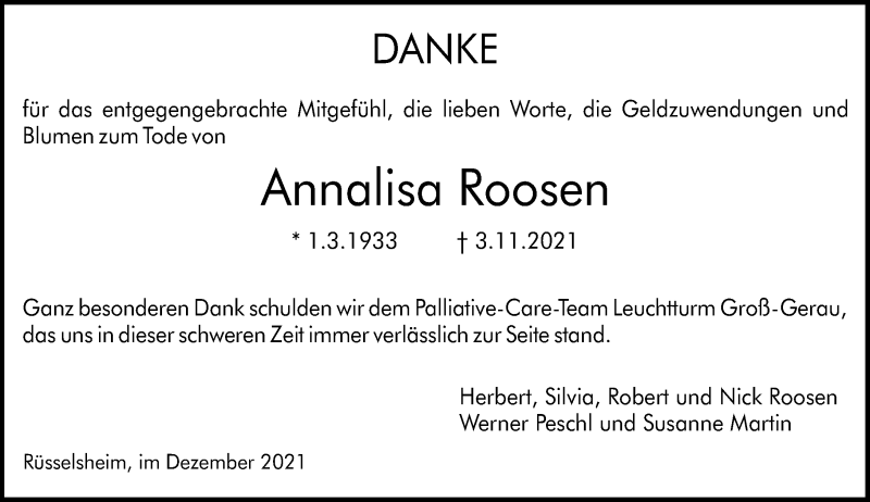 Traueranzeige für Annalisa Roosen vom 04.12.2021 aus vrm-trauer
