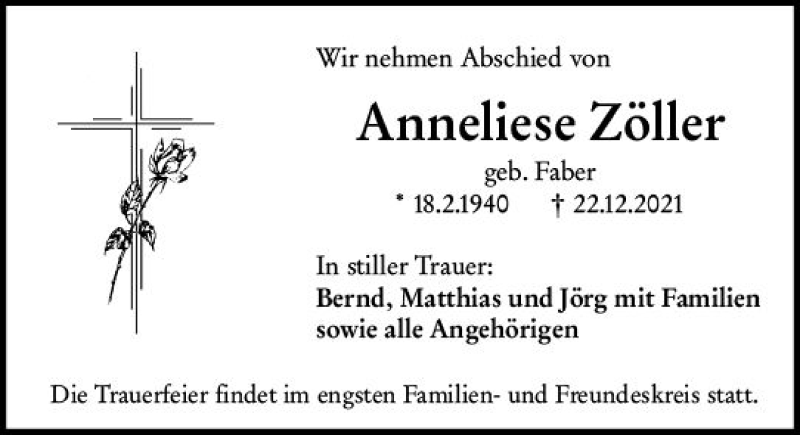  Traueranzeige für Anneliese Zöller vom 31.12.2021 aus vrm-trauer