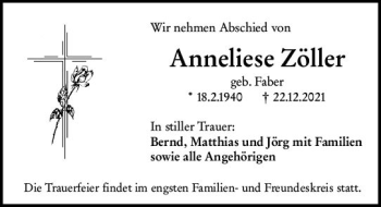 Traueranzeige von Anneliese Zöller von vrm-trauer