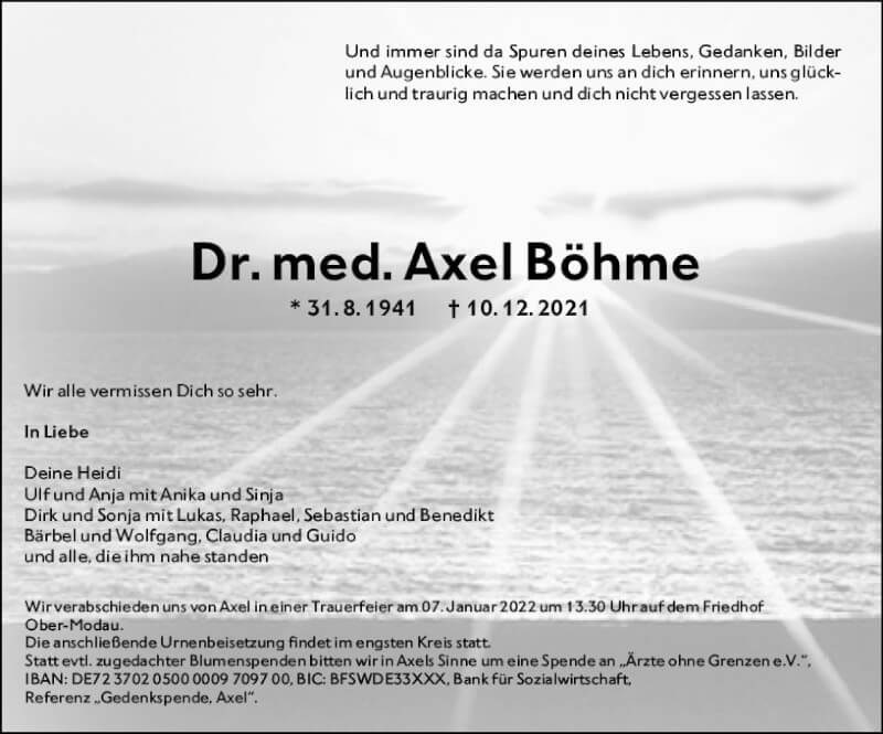  Traueranzeige für Axel Böhme vom 18.12.2021 aus vrm-trauer