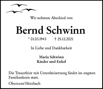 Traueranzeige von Bernd Schwinn von vrm-trauer