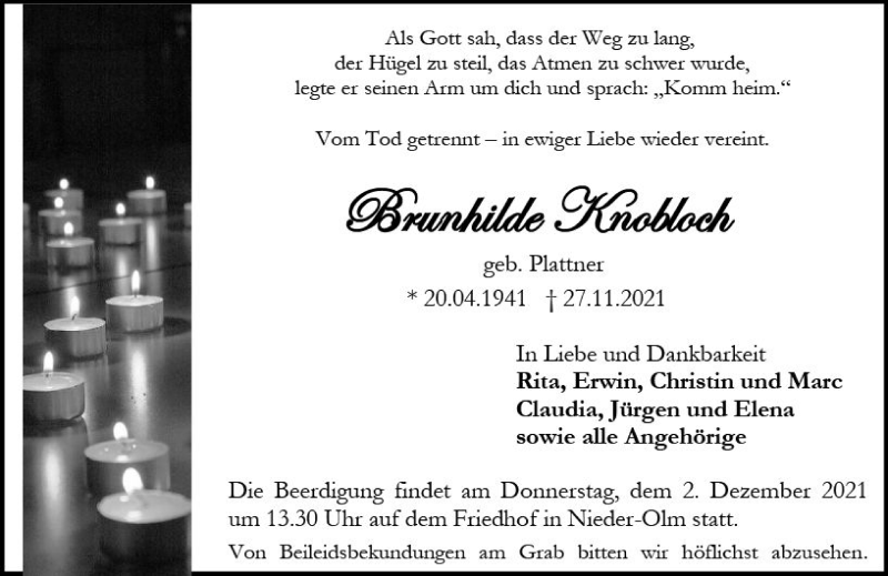  Traueranzeige für Brunhilde Knobloch vom 01.12.2021 aus vrm-trauer