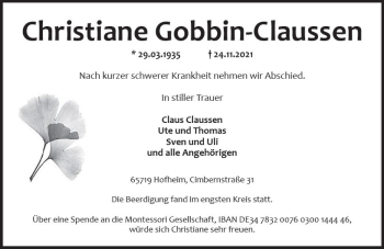 Traueranzeige von Christiane Gobbin-Claussen von vrm-trauer