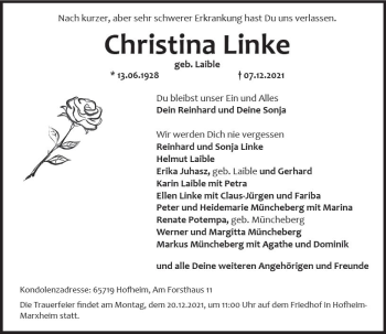 Traueranzeige von Christina Linke von vrm-trauer