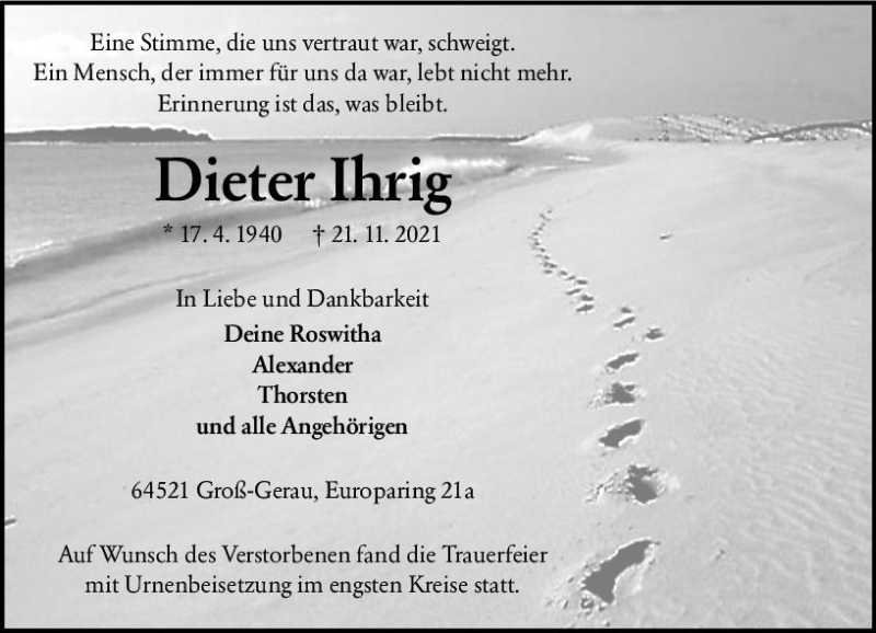  Traueranzeige für Dieter Ihrig vom 22.12.2021 aus vrm-trauer