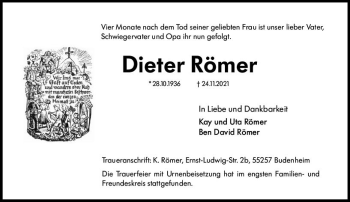 Traueranzeige von Dieter Römer von vrm-trauer