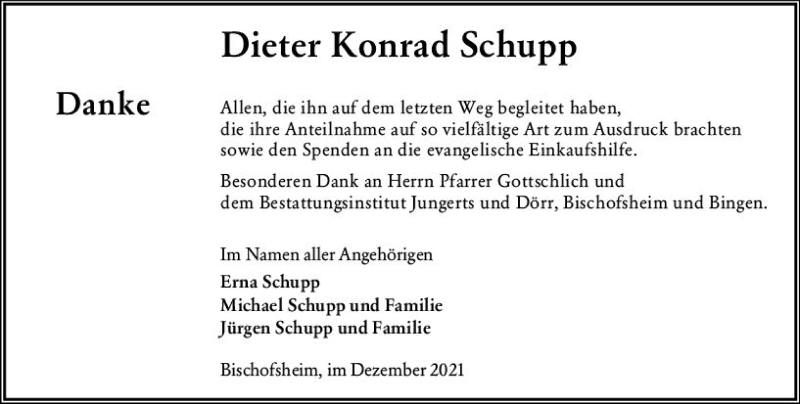  Traueranzeige für Dieter Konrad Schupp vom 11.12.2021 aus vrm-trauer