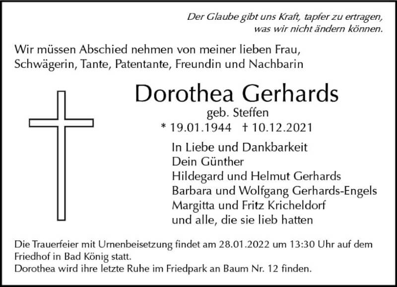  Traueranzeige für Dorothea Gerhards vom 18.12.2021 aus vrm-trauer