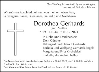 Traueranzeige von Dorothea Gerhards von vrm-trauer