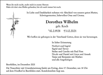 Traueranzeige von Dorothea Wilhelm von vrm-trauer