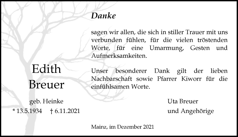  Traueranzeige für Edith Breuer vom 04.12.2021 aus vrm-trauer