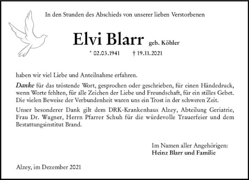  Traueranzeige für Elci Blarr vom 18.12.2021 aus vrm-trauer