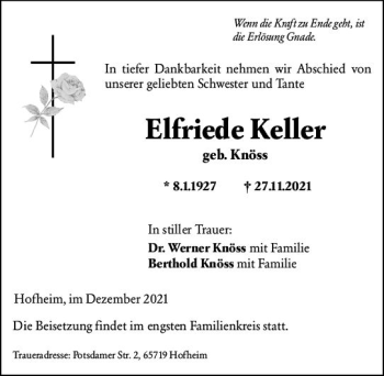Traueranzeige von Elfriede Keller von vrm-trauer