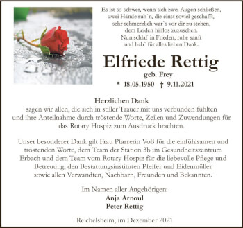Traueranzeige von Elfriede Rettig von vrm-trauer
