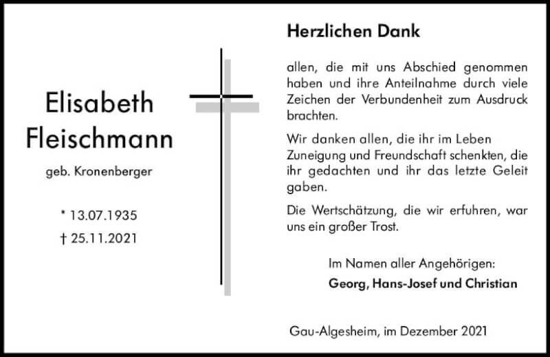  Traueranzeige für Elisabeth Fleischmann vom 18.12.2021 aus vrm-trauer