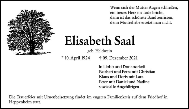  Traueranzeige für Elisabeth Saal vom 23.12.2021 aus vrm-trauer