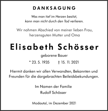 Traueranzeige von Elisabeth Schösser von vrm-trauer
