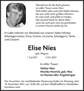Traueranzeige von Elise Nies von vrm-trauer