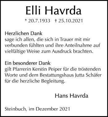 Traueranzeige von Elli Havrda von vrm-trauer