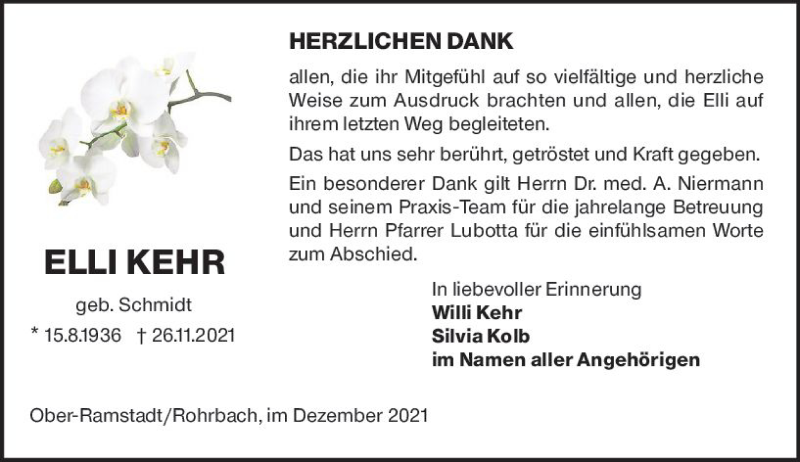  Traueranzeige für Elli Kehr vom 24.12.2021 aus vrm-trauer