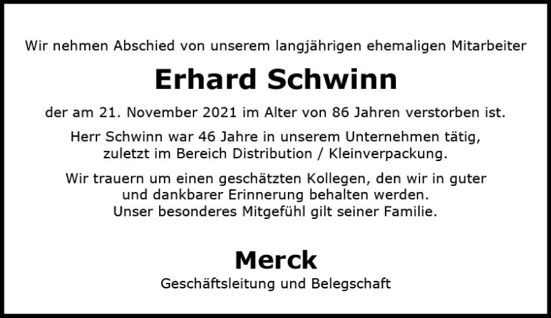  Traueranzeige für Erhard Schwinn vom 11.12.2021 aus vrm-trauer