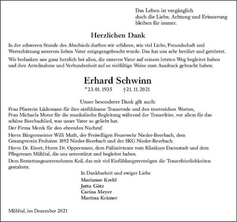  Traueranzeige für Erhard Schwinn vom 18.12.2021 aus vrm-trauer