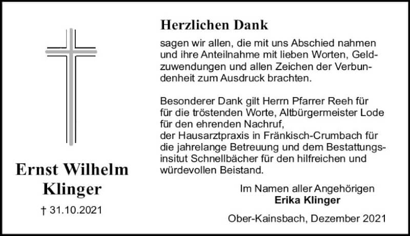  Traueranzeige für Ernst Wilhelm Klinger vom 18.12.2021 aus vrm-trauer