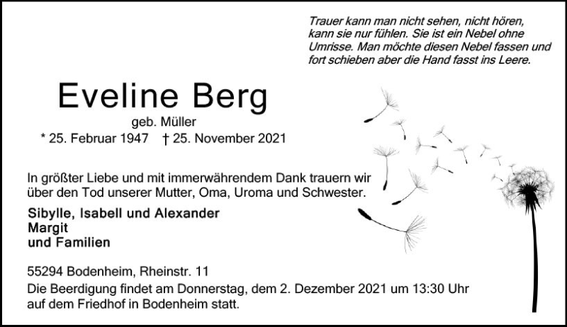  Traueranzeige für Eveline Berg vom 01.12.2021 aus vrm-trauer