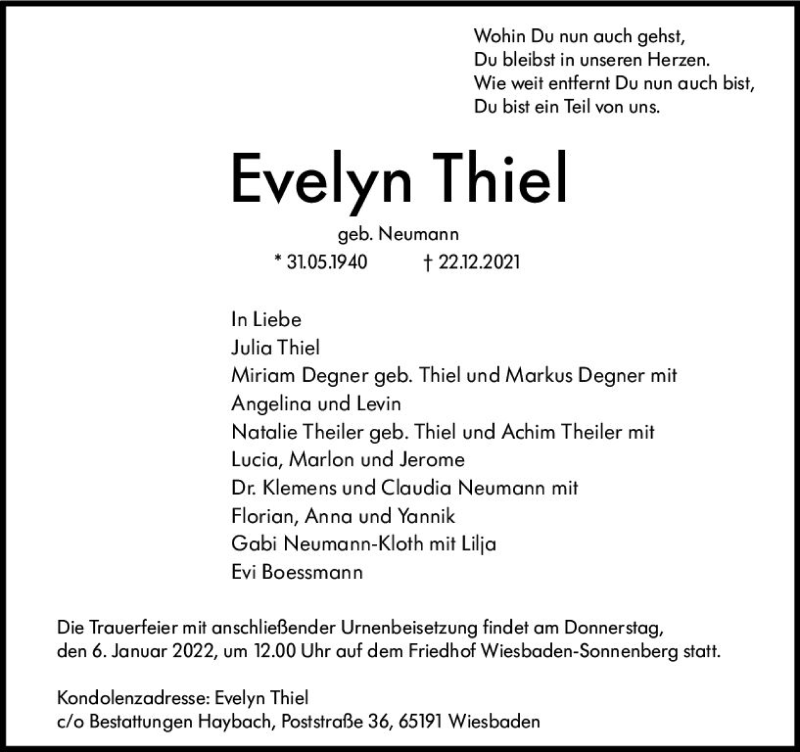  Traueranzeige für Evelyn Thiel vom 31.12.2021 aus vrm-trauer