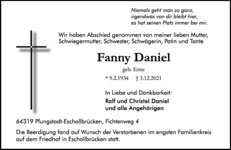  Traueranzeige für Fanny Daniel vom 11.12.2021 aus vrm-trauer
