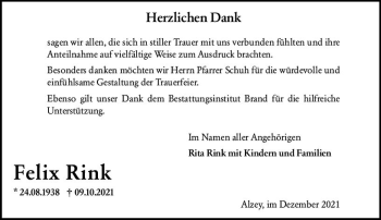 Traueranzeige von Felix Rink von vrm-trauer