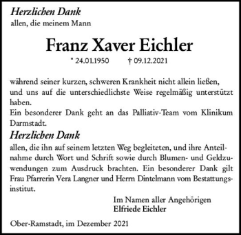 Traueranzeige von Franz Xaver Eichler von vrm-trauer