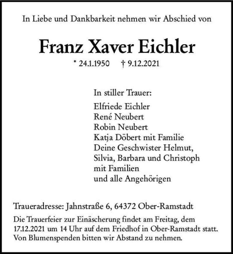  Traueranzeige für Franz Xaver Eichler vom 15.12.2021 aus vrm-trauer