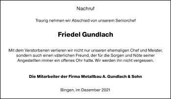 Traueranzeige von Friedel Gundlach von vrm-trauer