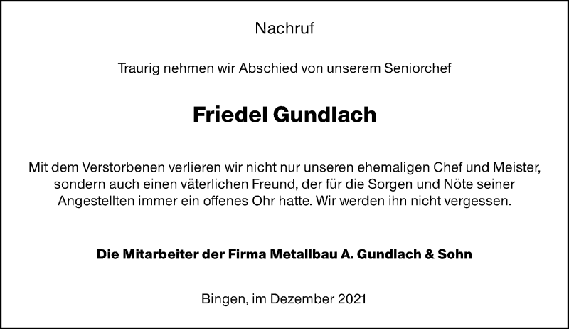  Traueranzeige für Friedel Gundlach vom 04.12.2021 aus vrm-trauer