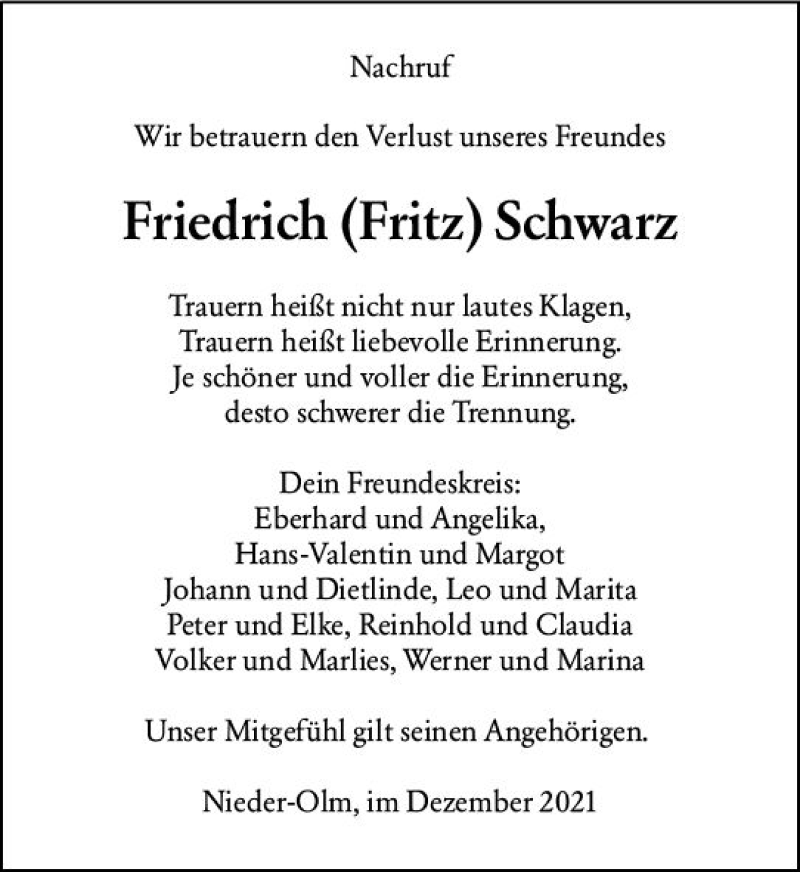  Traueranzeige für Friedrich  Schwarz vom 29.12.2021 aus vrm-trauer