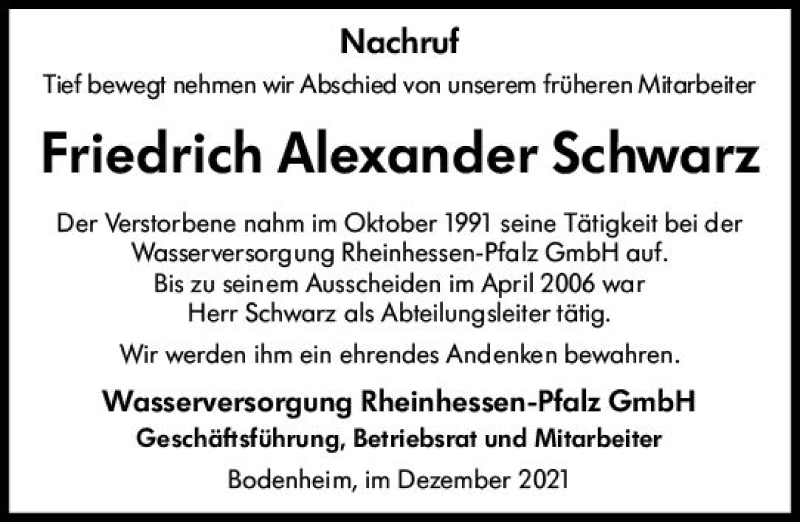  Traueranzeige für Friedrich Alexander Schwarz vom 29.12.2021 aus vrm-trauer