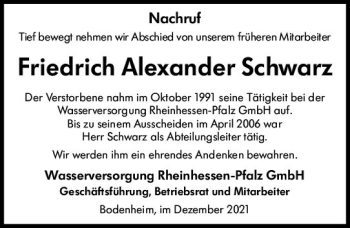 Traueranzeige von Friedrich Alexander Schwarz von vrm-trauer