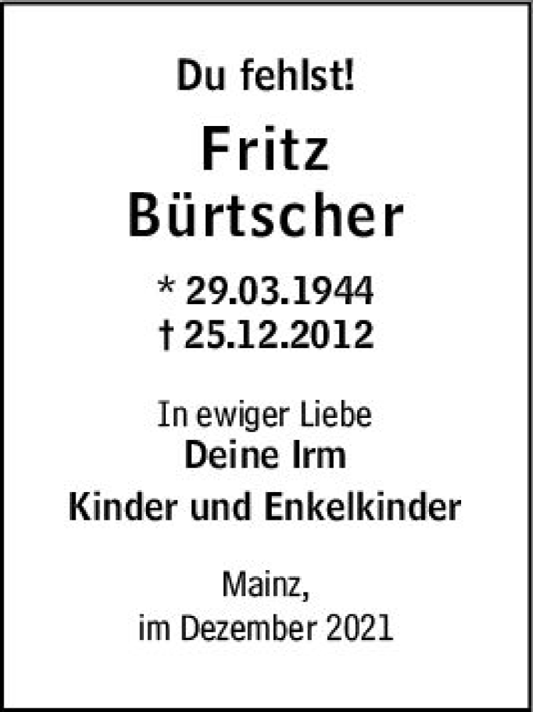  Traueranzeige für Fritz Bürtscher vom 24.12.2021 aus vrm-trauer